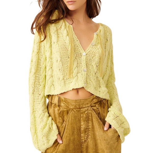 Free People Sweaters - FREE PEOPLE ROBYN SHORT CABLE KNIT CARDIGAN LARGE AND XL LIME CREAM